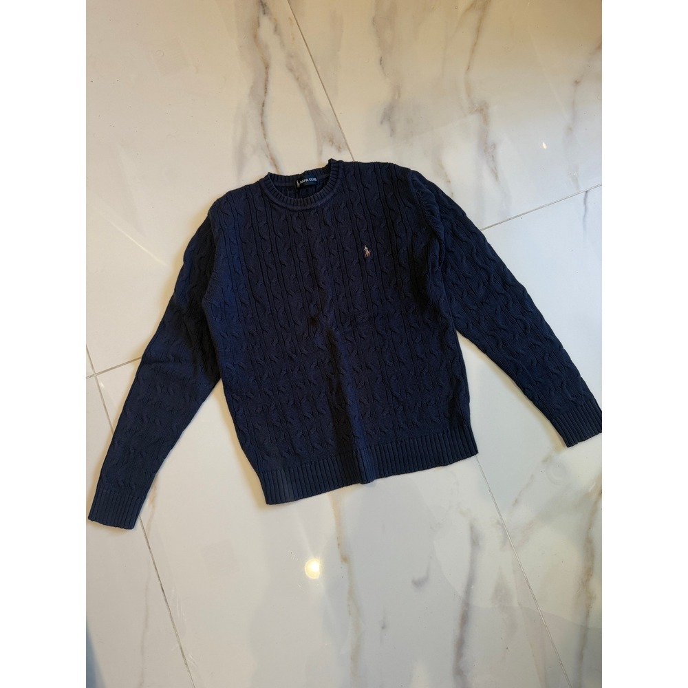 Rapa Club Navy Blue Cable Knit Crewneck Sweater Embroidered Logo Preppy Pullover